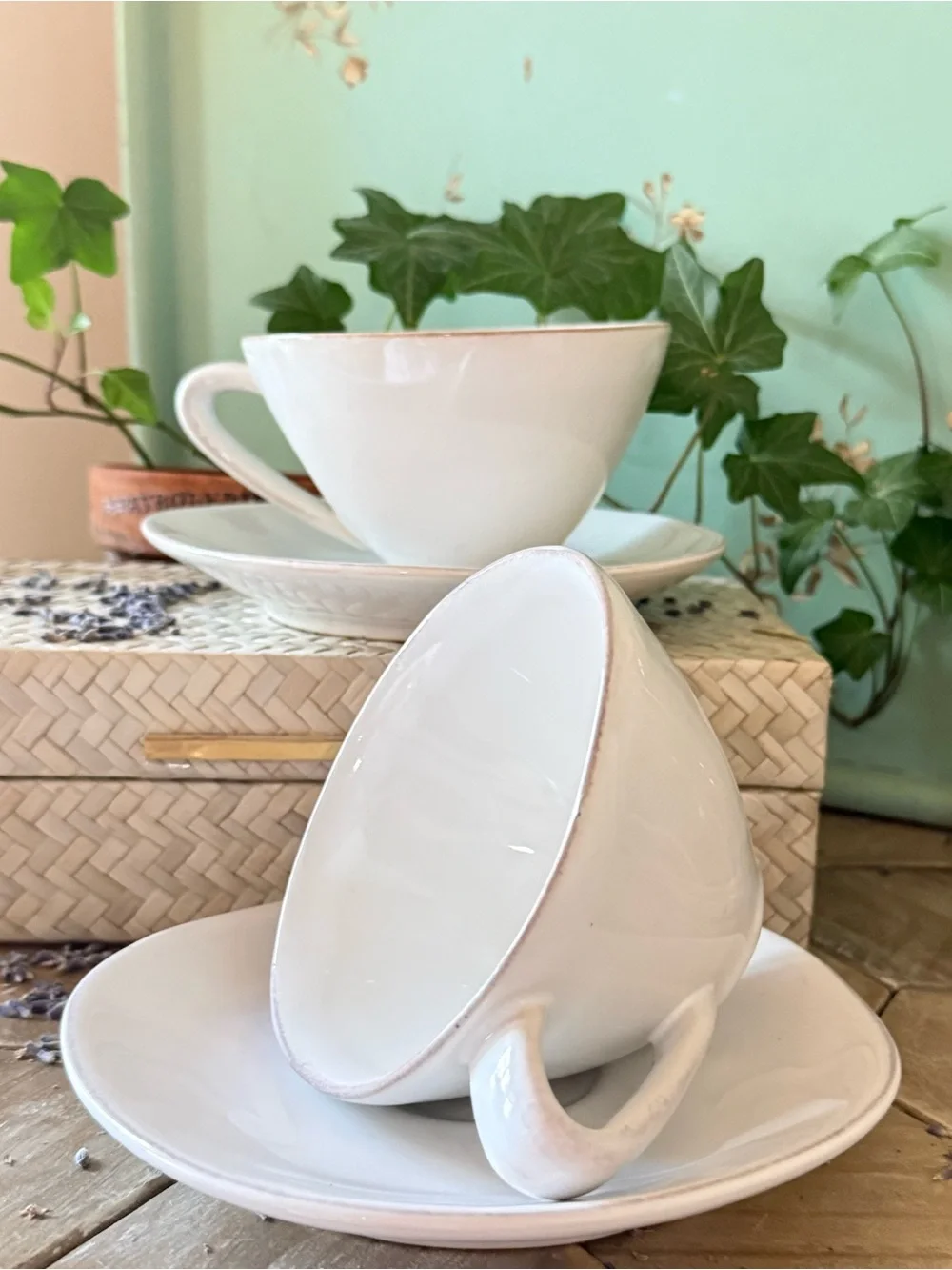 Crate & Barrel Marin 9.5-oz. White Stoneware Cappuccino Cups & Saucers, Set/2